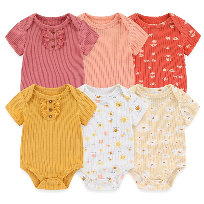 2023 Newborn Baby Girl Clothes 6Pieces Bodysuits Solid Color Cotton Baby Boy Clothes Set Cartoon Short Sleeve Bebes