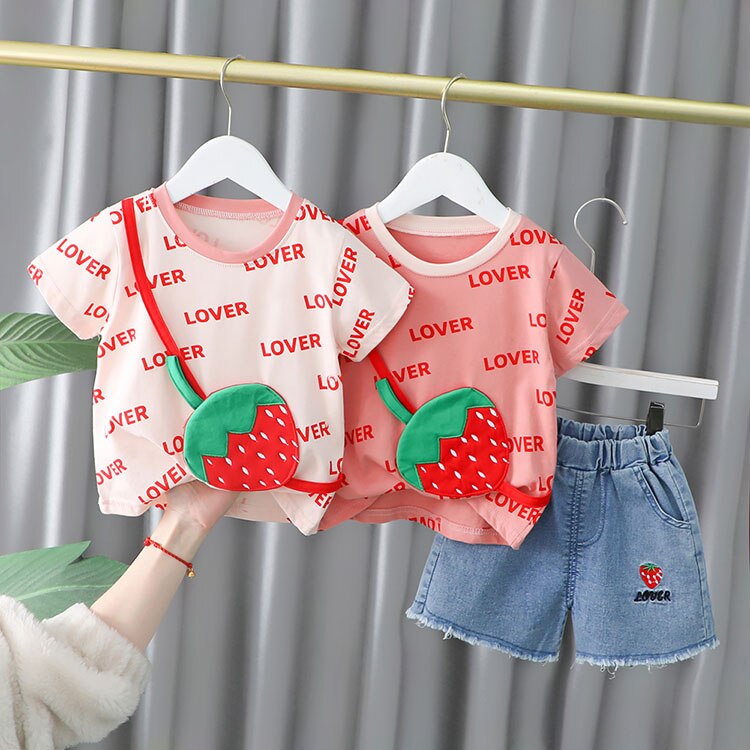 Baby Girl Clothes Sets Summer 2022 New Fashion Infant Suits Straberry Style Cotton Kids Costom 1-4 Years Child Clothing