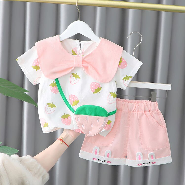 Baby Girl Clothes Sets Summer 2022 New Fashion Infant Suits Straberry Style Cotton Kids Costom 1-4 Years Child Clothing