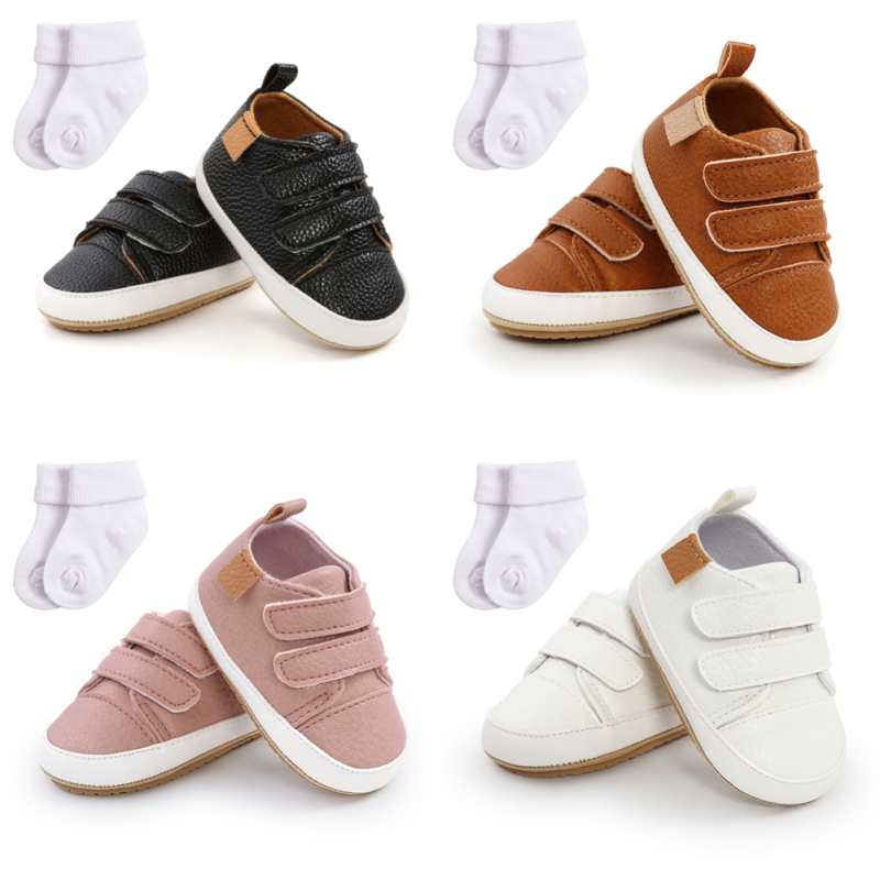 PU Casual Baby Shoes Kids Sneakers Baby Girl Boy Solid Color Kids Shoes Socks Infant Toddler Non Slip Sports Shoes