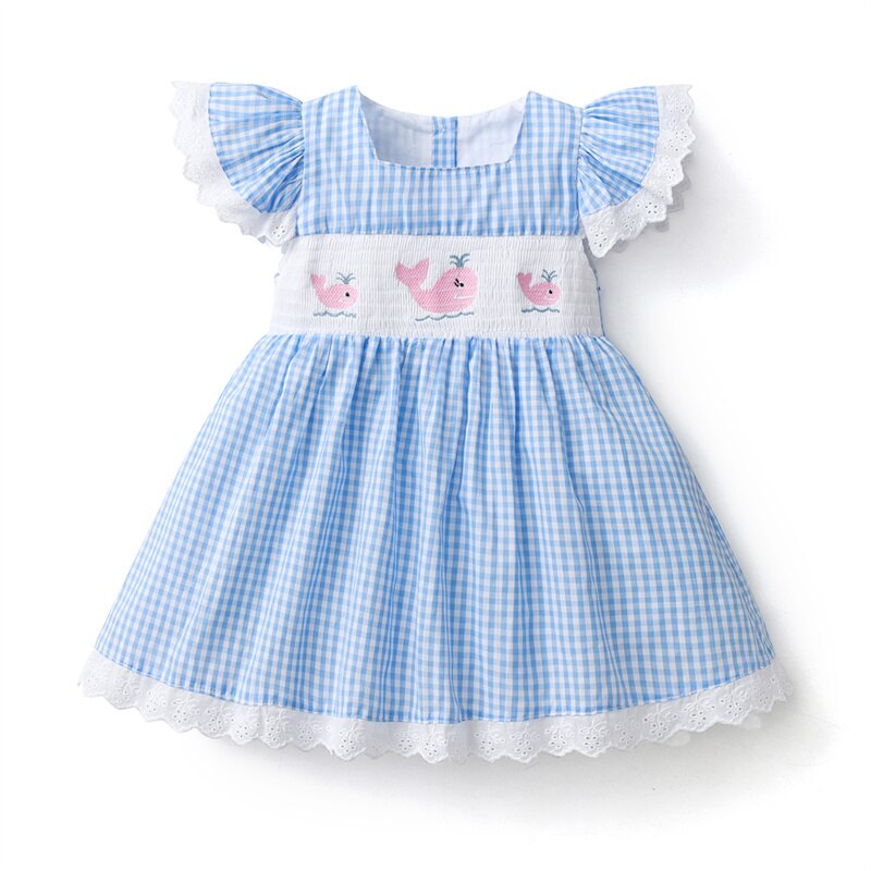 2023 Summer Children Boutique Dress Baby Girls Smocked Embroidery Dresses Flare Sleeve Peter Pan Collar Clothes Kids Vestidos