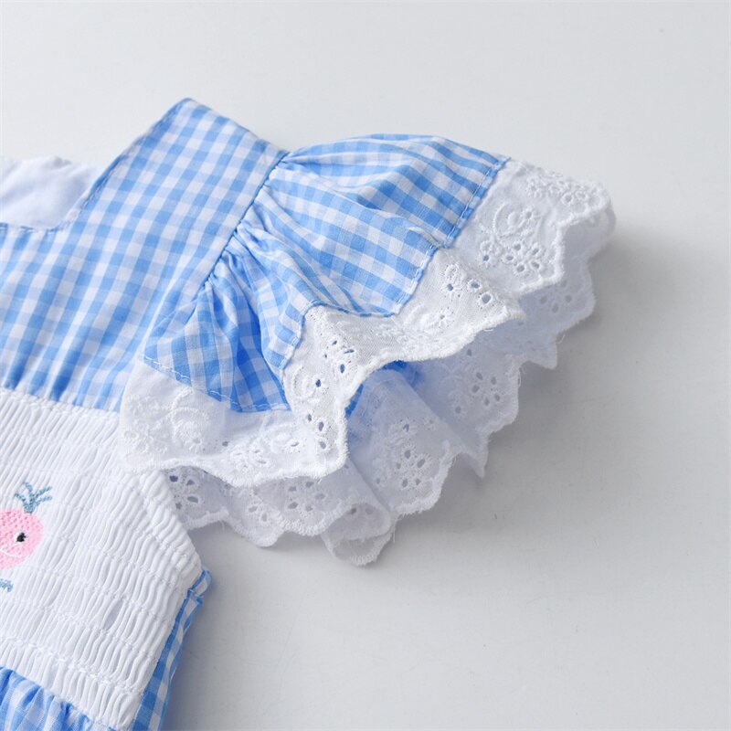 2023 Summer Children Boutique Dress Baby Girls Smocked Embroidery Dresses Flare Sleeve Peter Pan Collar Clothes Kids Vestidos