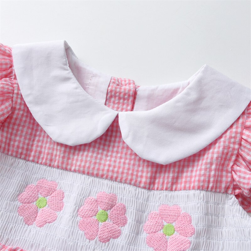 2023 Summer Children Boutique Dress Baby Girls Smocked Embroidery Dresses Flare Sleeve Peter Pan Collar Clothes Kids Vestidos