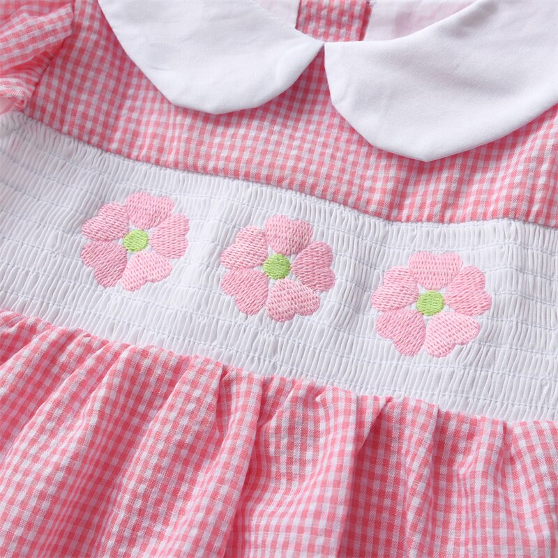 2023 Summer Children Boutique Dress Baby Girls Smocked Embroidery Dresses Flare Sleeve Peter Pan Collar Clothes Kids Vestidos
