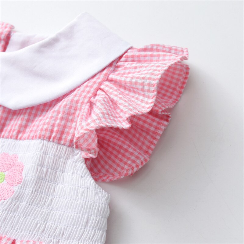 2023 Summer Children Boutique Dress Baby Girls Smocked Embroidery Dresses Flare Sleeve Peter Pan Collar Clothes Kids Vestidos
