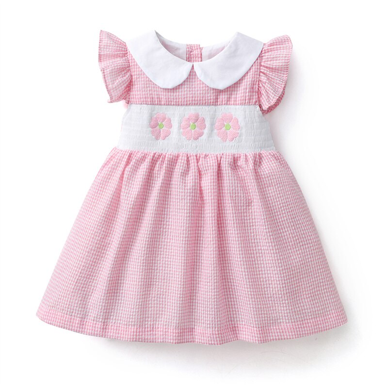 2023 Summer Children Boutique Dress Baby Girls Smocked Embroidery Dresses Flare Sleeve Peter Pan Collar Clothes Kids Vestidos