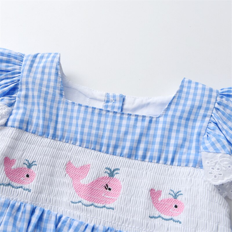 2023 Summer Children Boutique Dress Baby Girls Smocked Embroidery Dresses Flare Sleeve Peter Pan Collar Clothes Kids Vestidos
