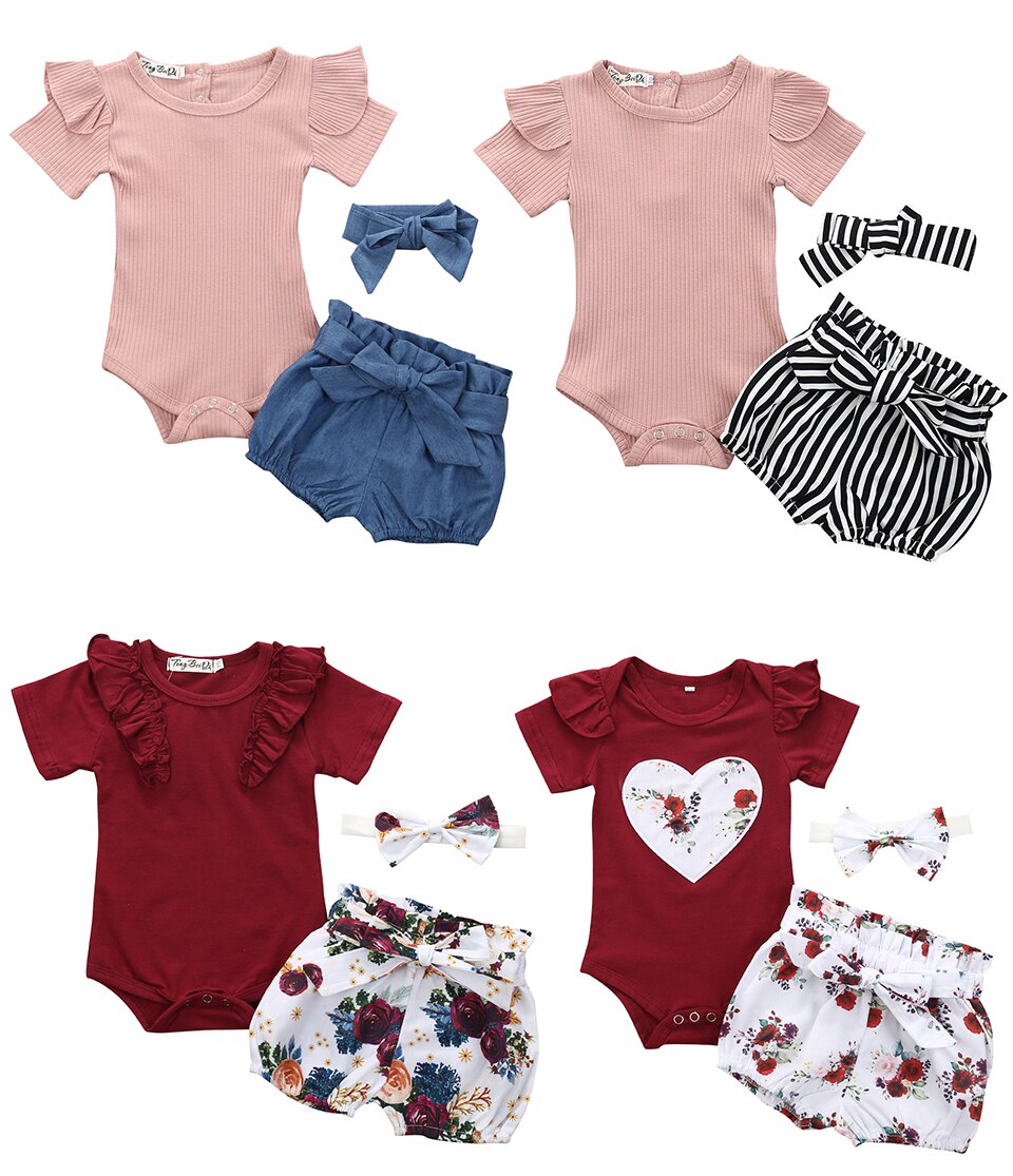 Newborn Baby Girl Clothes Set Summer Solid Color Short Sleeve Romper Flower Shorts Headband 3Pcs Outfit New Born Infant Clothing