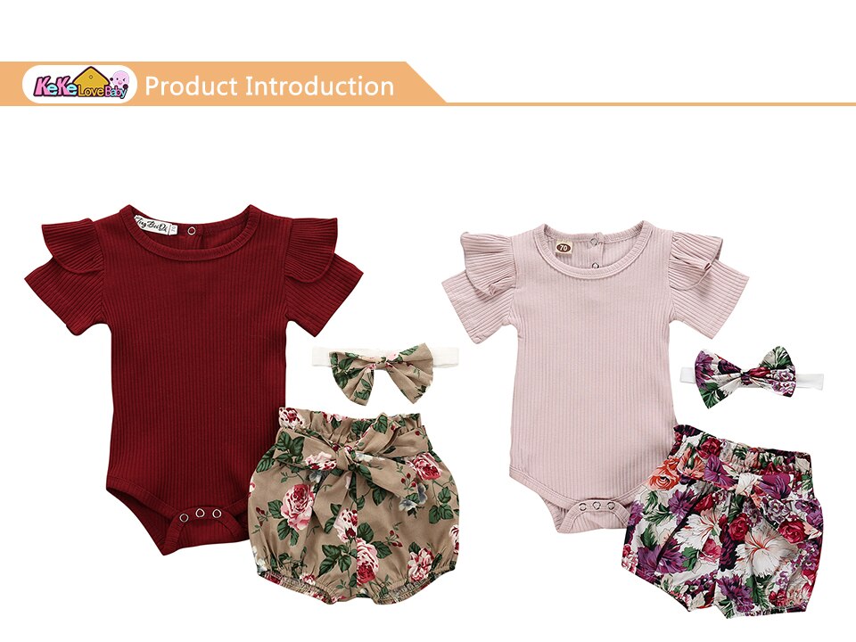 Newborn Baby Girl Clothes Set Summer Solid Color Short Sleeve Romper Flower Shorts Headband 3Pcs Outfit New Born Infant Clothing