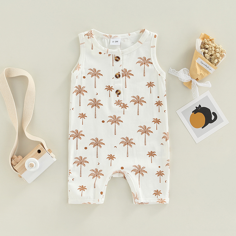 Baby Summer Cotton Clothing Toddler Infant Boys Girls Sleeveless Button Print O-neck Rompers Jumpsuits Overalls Casual Clothes