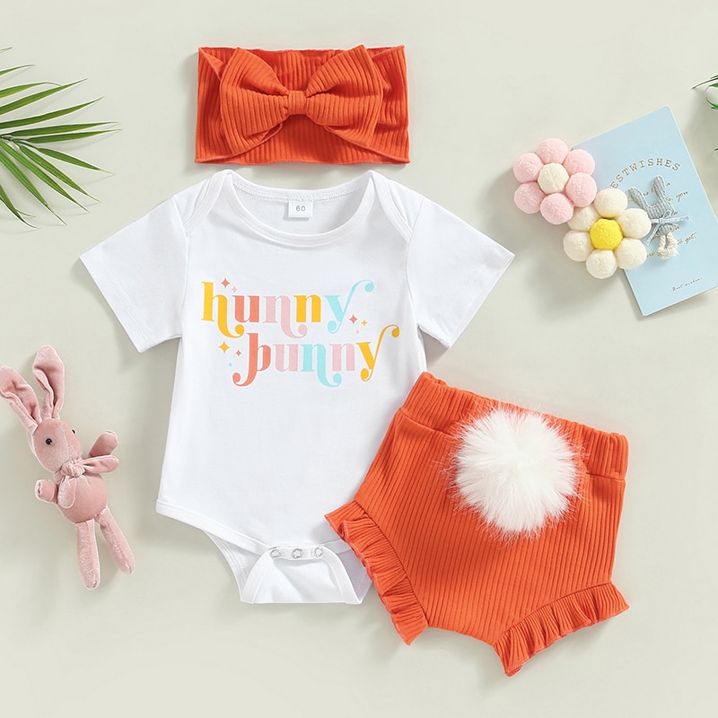 Lovely Summer Newborn Baby Girls Easter Clothes Sets Letter Print Short Sleeve Bodysuits+Rabbit Tail Shorts+Headband Outfits Lovely Summer Newborn Baby Girls Easter Clothes Sets Letter Print Short Sleeve Bodysuits+Rabbit Tail Shorts+Headband Outfits