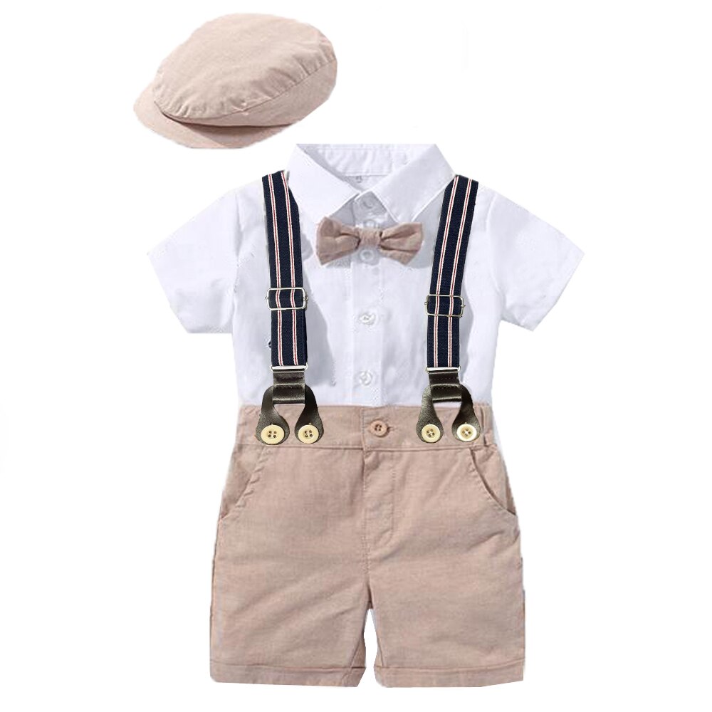 Gentleman Toddler Boy Romper Clothing Suit Newborn Solid Cotton Jumpsuit Belt Bow Hat Set Baby Boys 1st Birthday Wedding Outfit