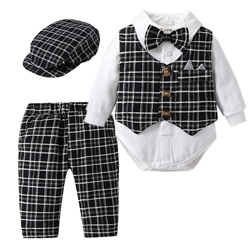 Gentleman Clothes For Newborns Plaid Vest Hat Pants White Bodysuit 7PCS Wedding Costume Baby Boy Formal Performance Boutique Set