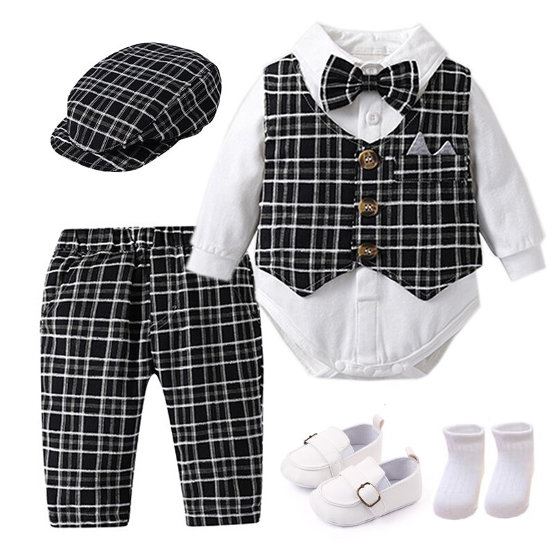 Gentleman Clothes For Newborns Plaid Vest Hat Pants White Bodysuit 7PCS Wedding Costume Baby Boy Formal Performance Boutique Set