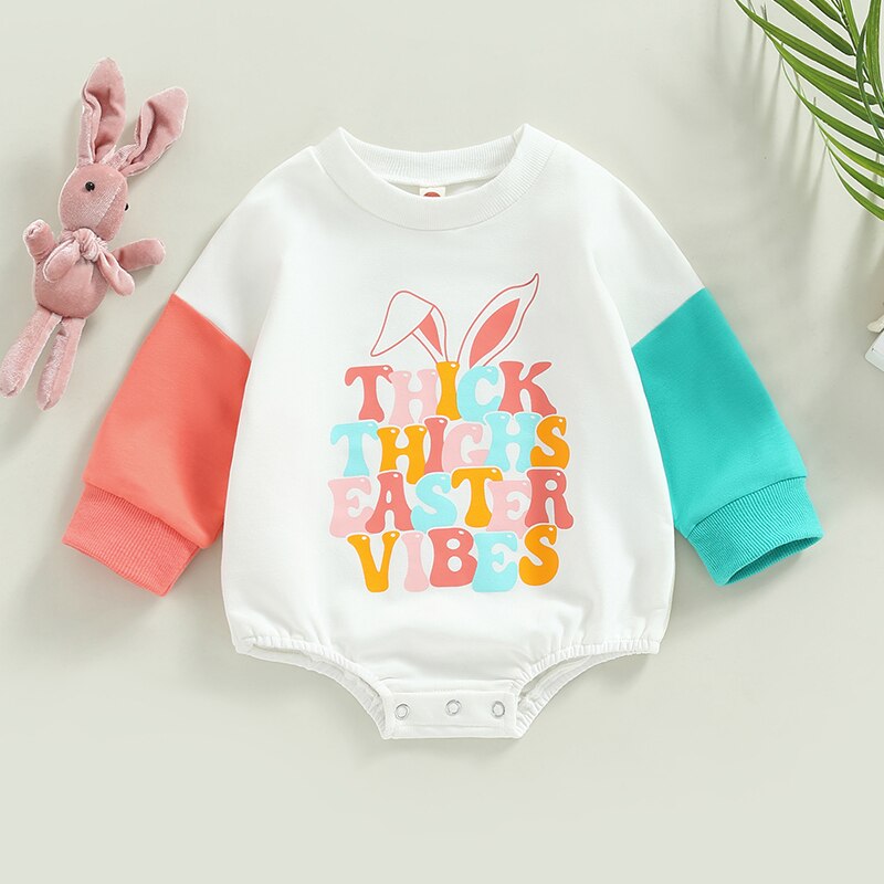Lovely Autumn Newborn Baby Boys Girls Easter Rompers Clothes Coloful Letter Print Patchwork Long Sleeve Sweatshirts Jumpsuits