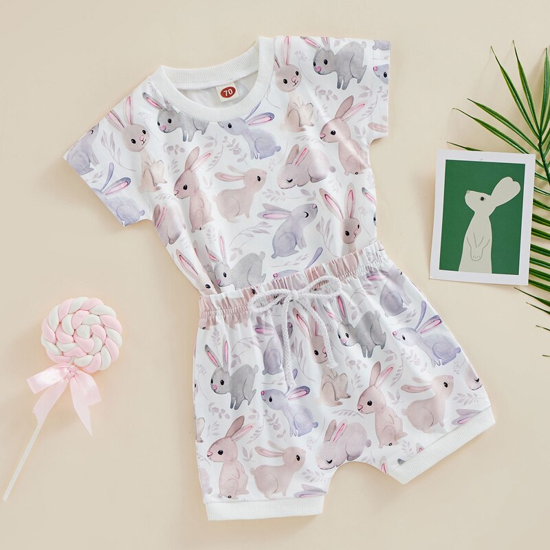 Fashion Summer Toddler Newborn Baby Boys Girls Easter Clothes Outffits Rabbit Print Short Sleeve Bodysuits+Shorts Tracksuits