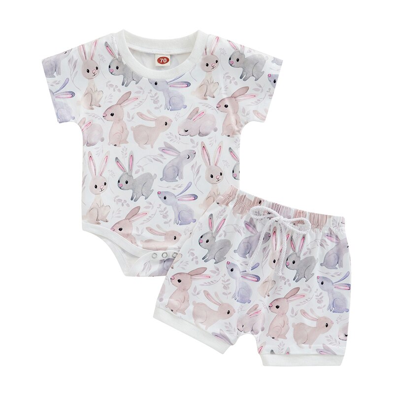 Fashion Summer Toddler Newborn Baby Boys Girls Easter Clothes Outffits Rabbit Print Short Sleeve Bodysuits+Shorts Tracksuits