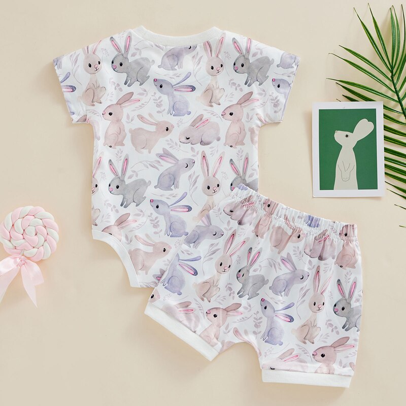 Fashion Summer Toddler Newborn Baby Boys Girls Easter Clothes Outffits Rabbit Print Short Sleeve Bodysuits+Shorts Tracksuits