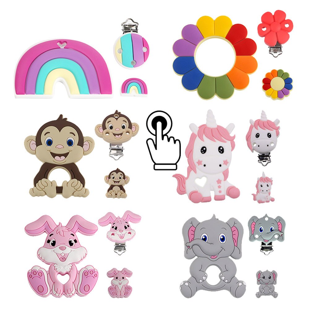 Silicone Teether Cartoon Animals Rainbow Train 1pc Food Grade Silicone Pendants DIY Pacifier Chain Accessories Baby Molar Toys