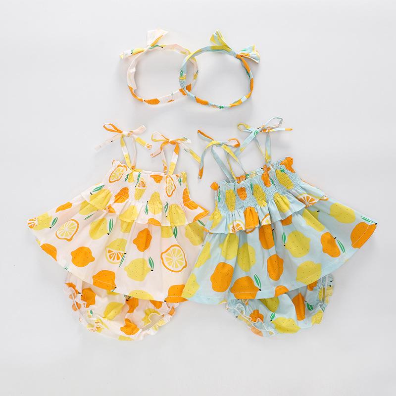 New Summer Baby Girl Sets Sleeveless Fruit Print Blue Lemon Vest+PP Shorts+Headwear Newborn Clothing E9003