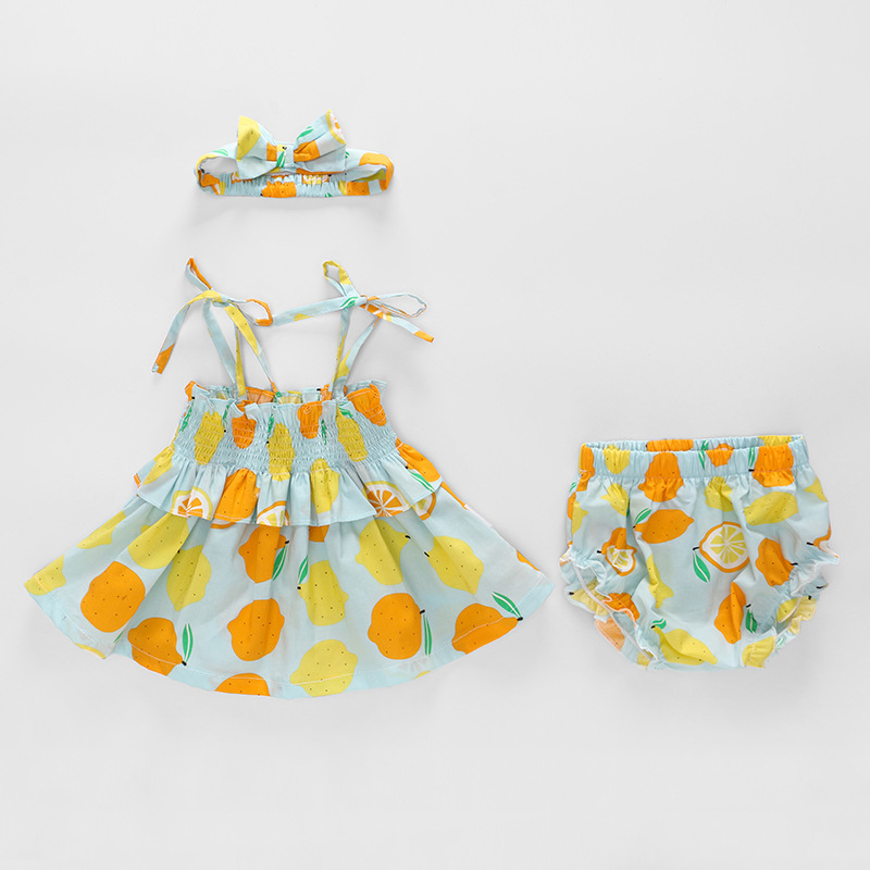 New Summer Baby Girl Sets Sleeveless Fruit Print Blue Lemon Vest+PP Shorts+Headwear Newborn Clothing E9003