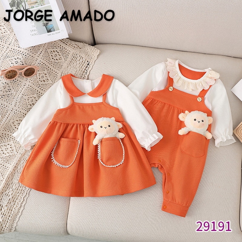2022 Spring Family Matching Sister Clothes Long Sleeves Orange Sheep Romper+Princess Dress Twins Cute Clothes Outfits E9181 2022 Spring Family Matching Sister Clothes Long Sleeves Orange Sheep Romper+Princess Dress Twins Cute Clothes Outfits E9181