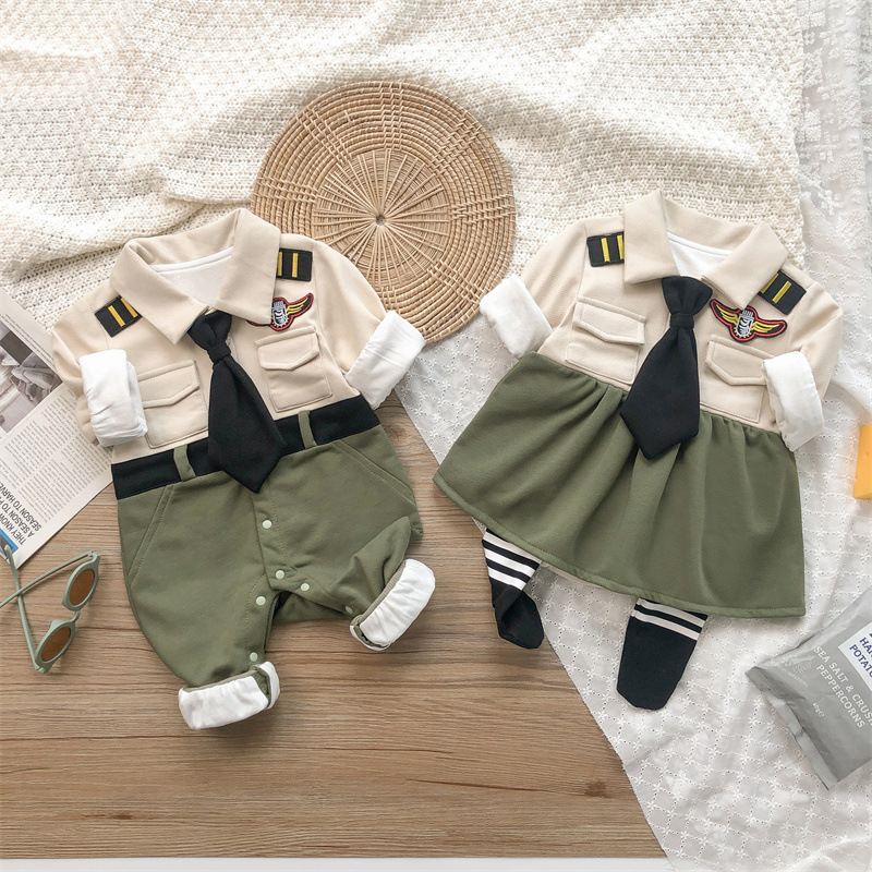 New Autumn Family Matching Outfits for Baby Girl Boy Long Slevees Tie Dress+Turn-down Collar Romper Sister Brother Clothes E2266