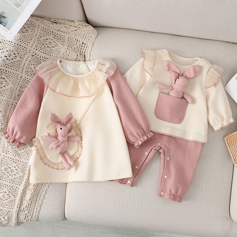 2022 Spring Family Matching Sister Clothes Long Sleeves Pink Rabbit Romper+Princess Baby Dress Twins Cute Clothes Outfits E9152