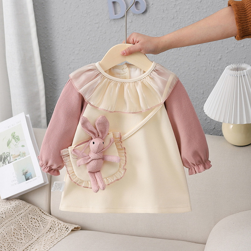 2022 Spring Family Matching Sister Clothes Long Sleeves Pink Rabbit Romper+Princess Baby Dress Twins Cute Clothes Outfits E9152