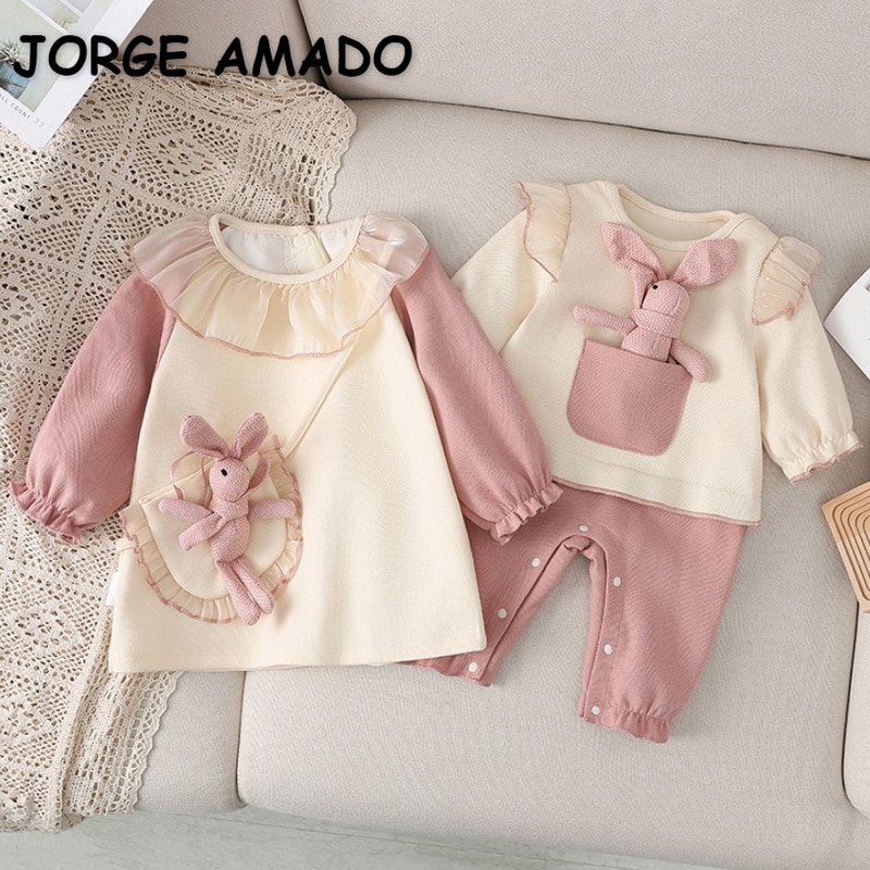 2022 Spring Family Matching Sister Clothes Long Sleeves Pink Rabbit Romper+Princess Baby Dress Twins Cute Clothes Outfits E9152 2022 Spring Family Matching Sister Clothes Long Sleeves Pink Rabbit Romper+Princess Baby Dress Twins Cute Clothes Outfits E9152