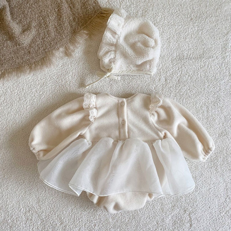 2022 Korean Style Spring Winter Baby Girl Bodysuit Long Sleeves Beige Knitwear Princess Jumpsuit Child Fairy Clothes E980