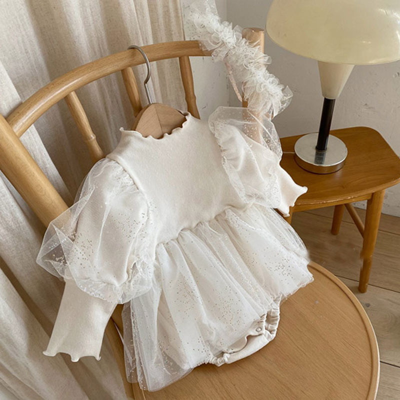 2022 Korean Style Spring Winter Baby Girl Bodysuit Long Sleeves Beige Knitwear Princess Jumpsuit Child Fairy Clothes E980