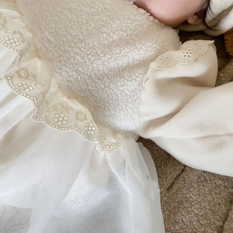 2022 Korean Style Spring Winter Baby Girl Bodysuit Long Sleeves Beige Knitwear Princess Jumpsuit Child Fairy Clothes E980