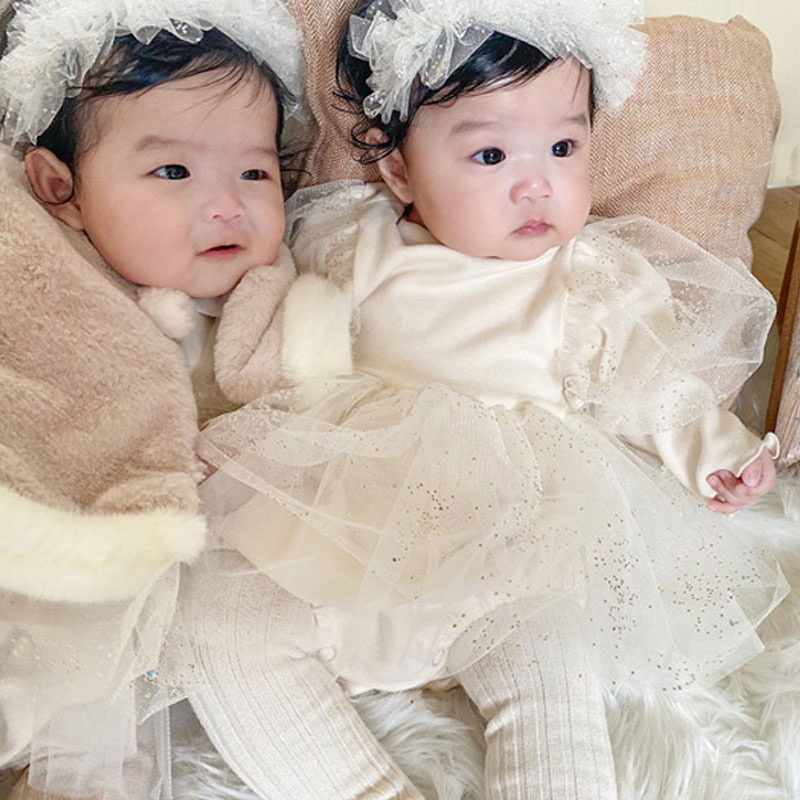 2022 Korean Style Spring Winter Baby Girl Bodysuit Long Sleeves Beige Knitwear Princess Jumpsuit Child Fairy Clothes E980