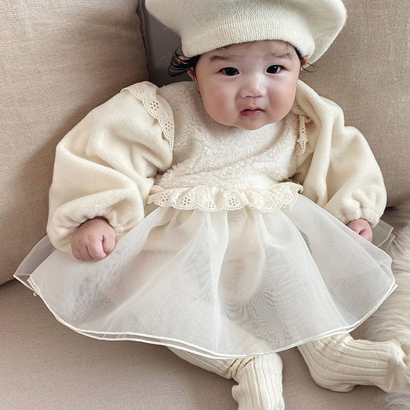 2022 Korean Style Spring Winter Baby Girl Bodysuit Long Sleeves Beige Knitwear Princess Jumpsuit Child Fairy Clothes E980