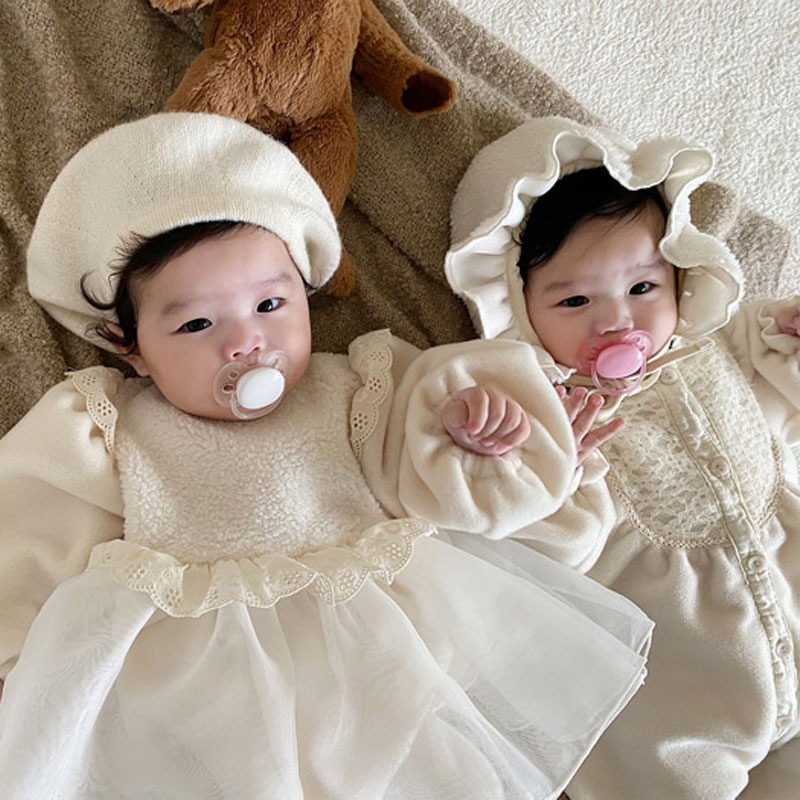2022 Korean Style Spring Winter Baby Girl Bodysuit Long Sleeves Beige Knitwear Princess Jumpsuit Child Fairy Clothes E980