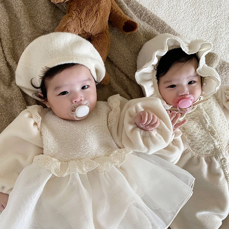 2022 Korean Style Spring Winter Baby Girl Bodysuit Long Sleeves Beige Knitwear Princess Jumpsuit Child Fairy Clothes E980