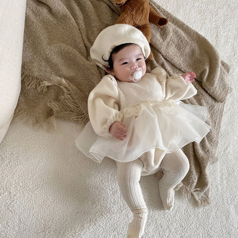 2022 Korean Style Spring Winter Baby Girl Bodysuit Long Sleeves Beige Knitwear Princess Jumpsuit Child Fairy Clothes E980