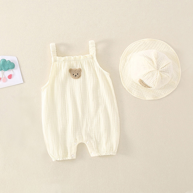 2023 Summer New Baby Sleeveless Bodysuit + Hat Thin Cotton Newborn Infant Cartoon Bear Clothes Baby Boy Jumpsuit Girl Overalls