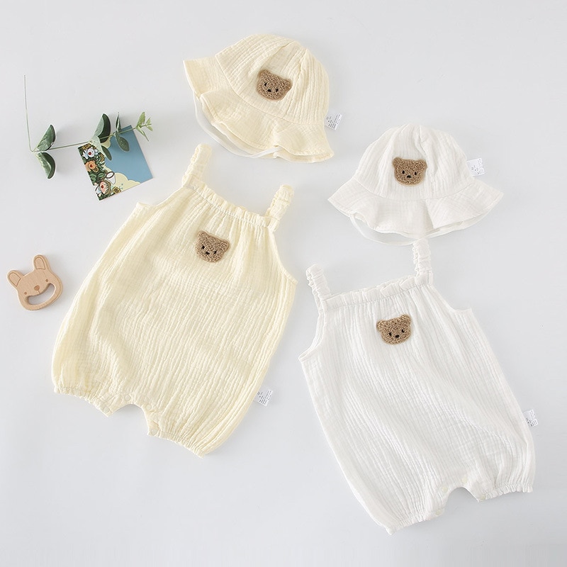 2023 Summer New Baby Sleeveless Bodysuit + Hat Thin Cotton Newborn Infant Cartoon Bear Clothes Baby Boy Jumpsuit Girl Overalls 2023 Summer New Baby Sleeveless Bodysuit + Hat Thin Cotton Newborn Infant Cartoon Bear Clothes Baby Boy Jumpsuit Girl Overalls