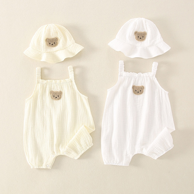 2023 Summer New Baby Sleeveless Bodysuit + Hat Thin Cotton Newborn Infant Cartoon Bear Clothes Baby Boy Jumpsuit Girl Overalls