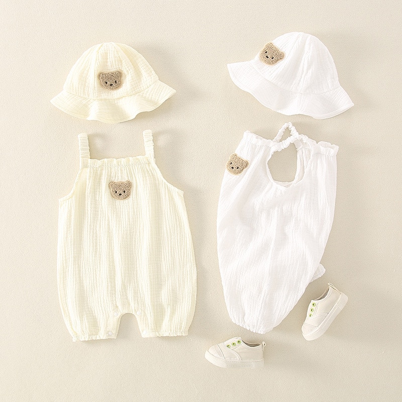 2023 Summer New Baby Sleeveless Bodysuit + Hat Thin Cotton Newborn Infant Cartoon Bear Clothes Baby Boy Jumpsuit Girl Overalls