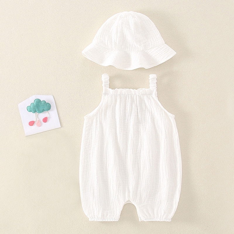 2023 Summer New Baby Sleeveless Bodysuit + Hat Thin Cotton Newborn Infant Cartoon Bear Clothes Baby Boy Jumpsuit Girl Overalls