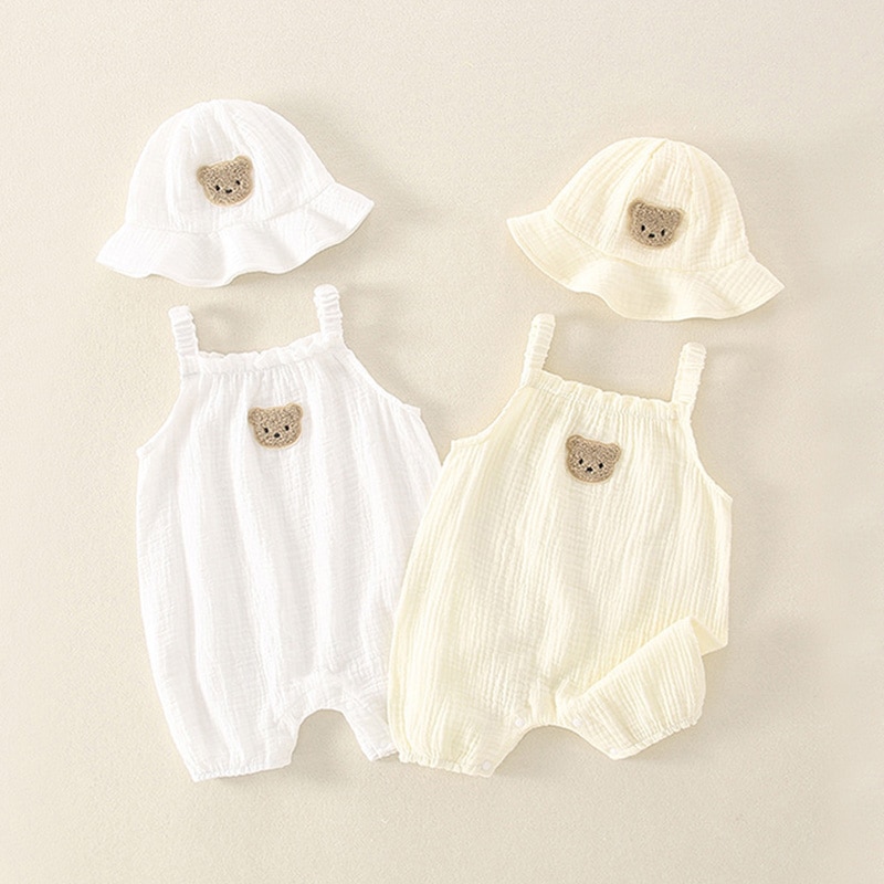 2023 Summer New Baby Sleeveless Bodysuit + Hat Thin Cotton Newborn Infant Cartoon Bear Clothes Baby Boy Jumpsuit Girl Overalls