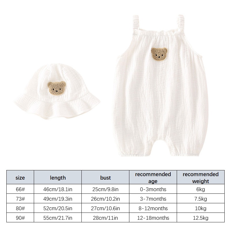 2023 Summer New Baby Sleeveless Bodysuit + Hat Thin Cotton Newborn Infant Cartoon Bear Clothes Baby Boy Jumpsuit Girl Overalls