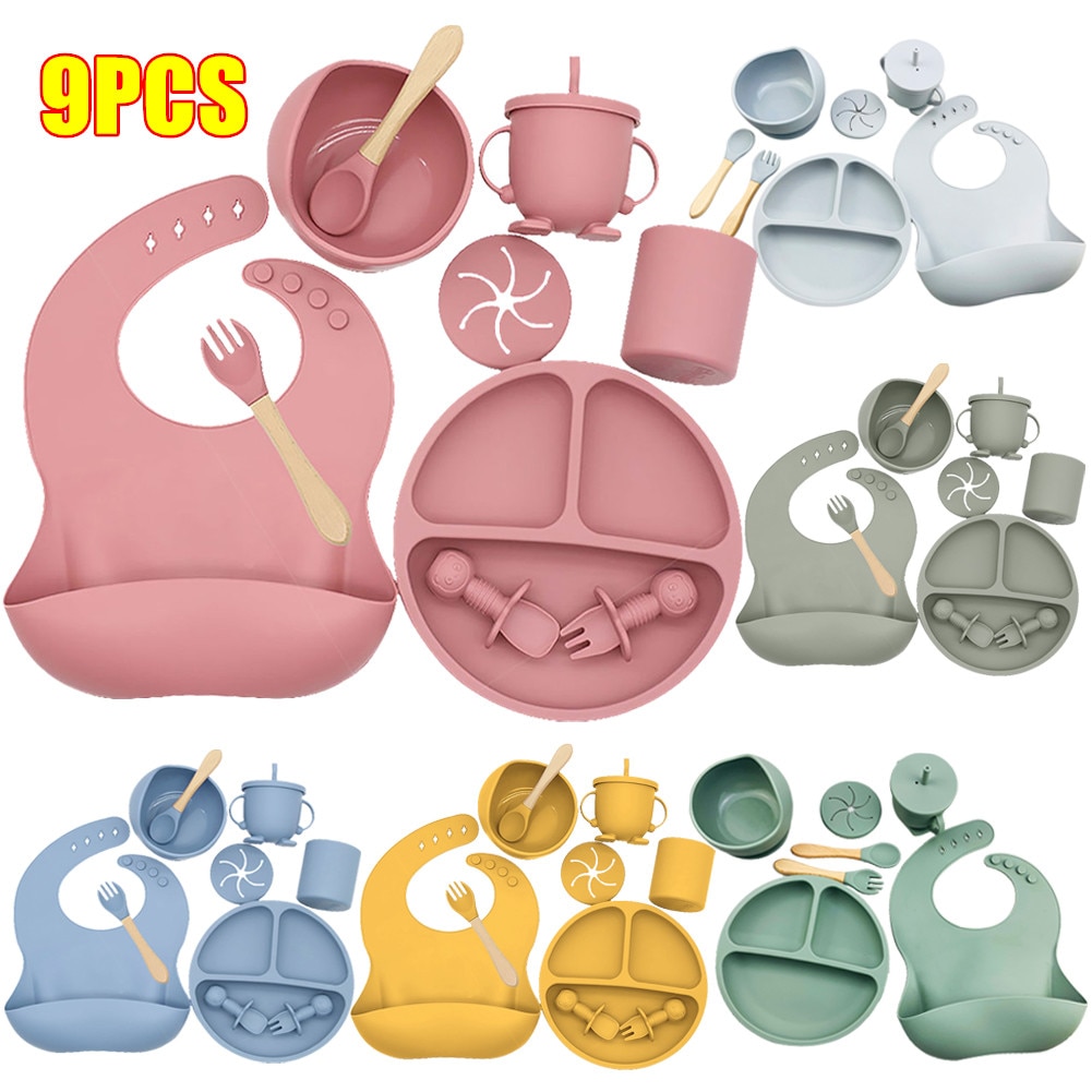 Baby Soft Silicone Tableware Set Baby Feeding Dishes Plate Sucker Bowl Bibs Spoon Fork Set Children Non-slip Dinnerware BPA Free Baby Soft Silicone Tableware Set Baby Feeding Dishes Plate Sucker Bowl Bibs Spoon Fork Set Children Non-slip Dinnerware BPA Free