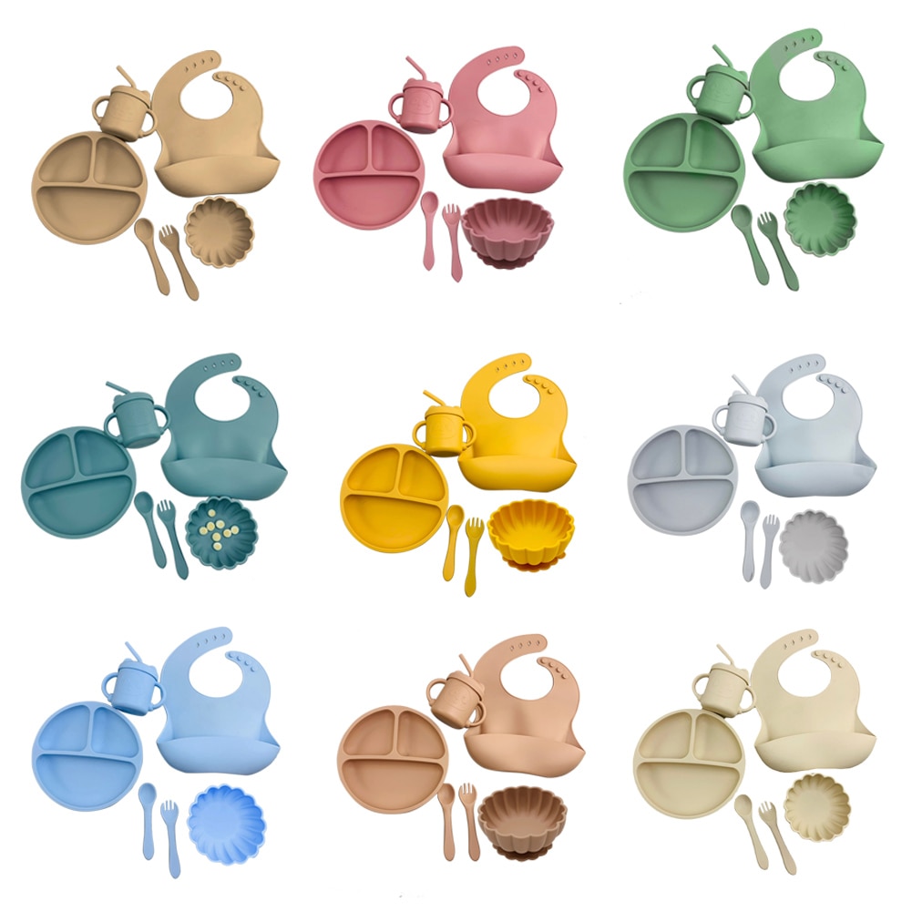 Baby Soft Silicone Tableware Set Baby Feeding Dishes Plate Sucker Bowl Bibs Spoon Fork Set Children Non-slip Dinnerware BPA Free Baby Soft Silicone Tableware Set Baby Feeding Dishes Plate Sucker Bowl Bibs Spoon Fork Set Children Non-slip Dinnerware BPA Free