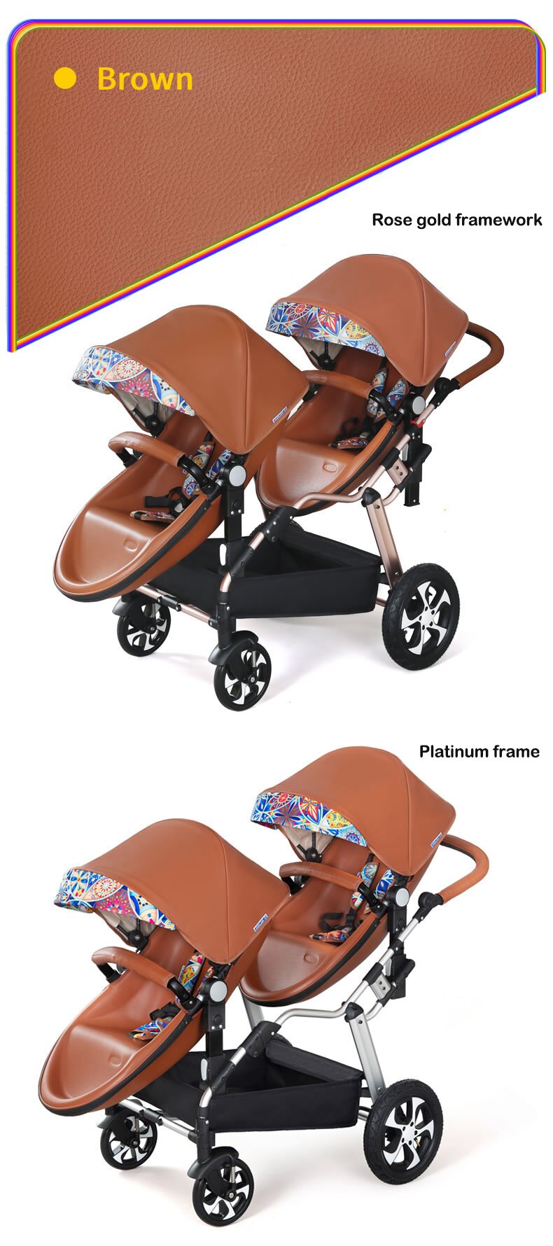 Free Shipping 3in1 Luxury Twin Baby Stroller High Landscape Pram Folding Carriage PU Leather Pram