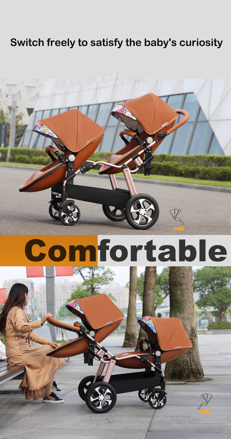 Free Shipping 3in1 Luxury Twin Baby Stroller High Landscape Pram Folding Carriage PU Leather Pram