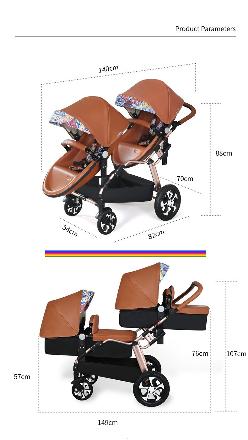 Free Shipping 3in1 Luxury Twin Baby Stroller High Landscape Pram Folding Carriage PU Leather Pram